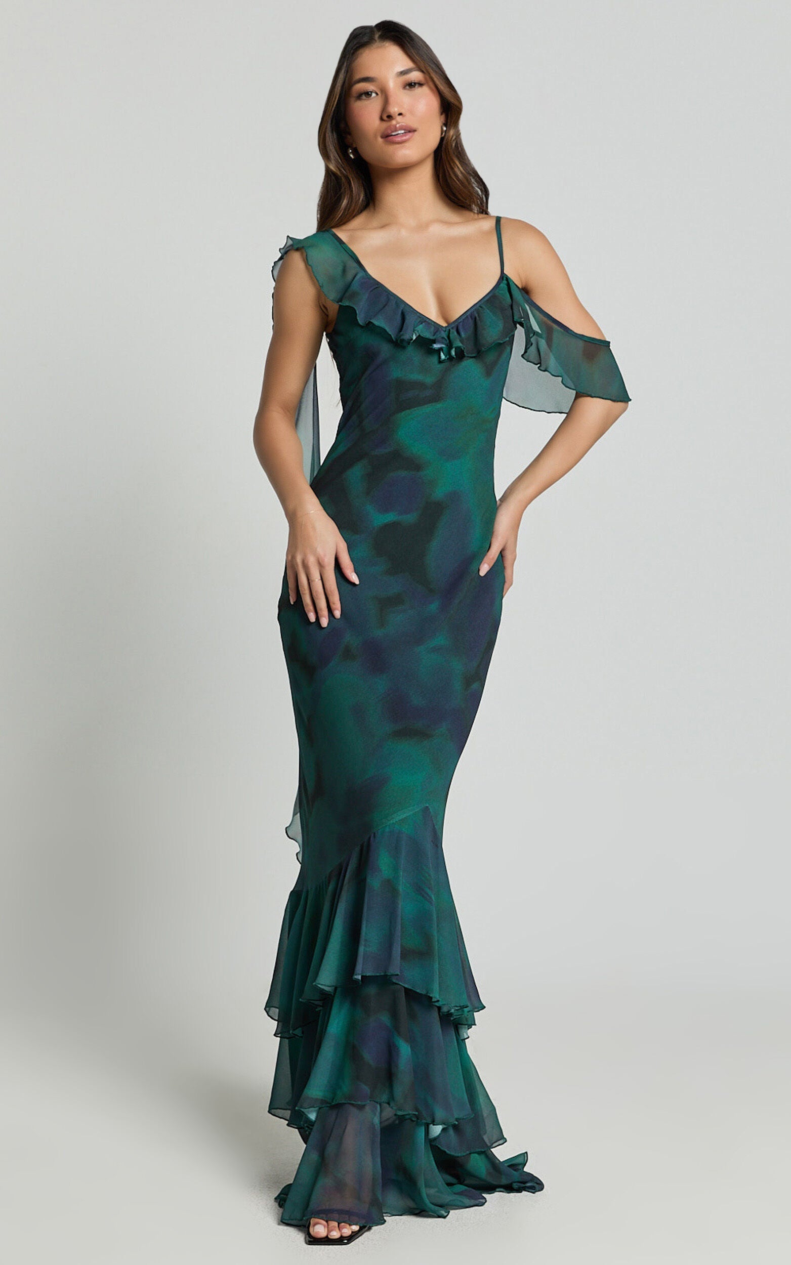 Riley Maxi Dress - Asymmetric Ruffle Detail Maxi Dress in Moss Adeana