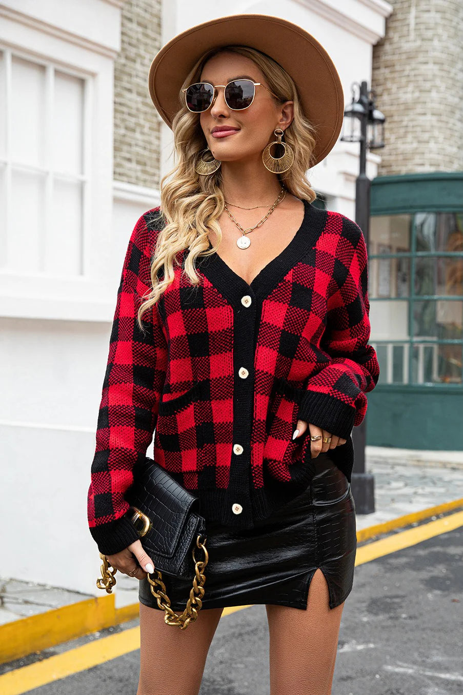 Fitted Tartan Button Christmas Cardigan