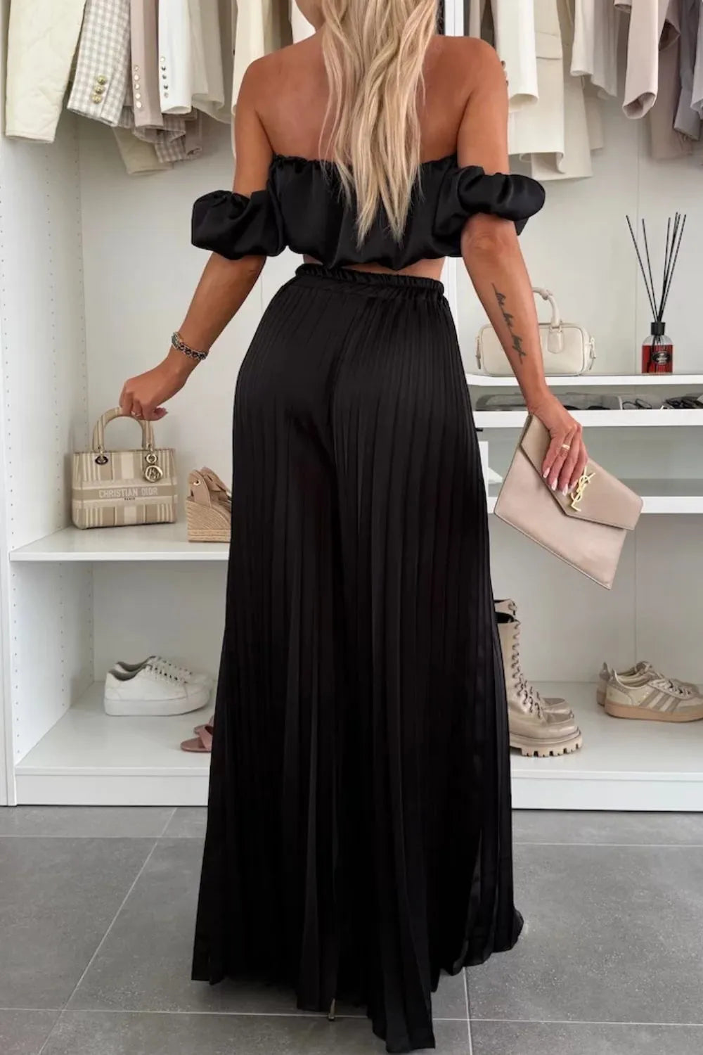 Off-Shoulder Top and Pleated Pants Set