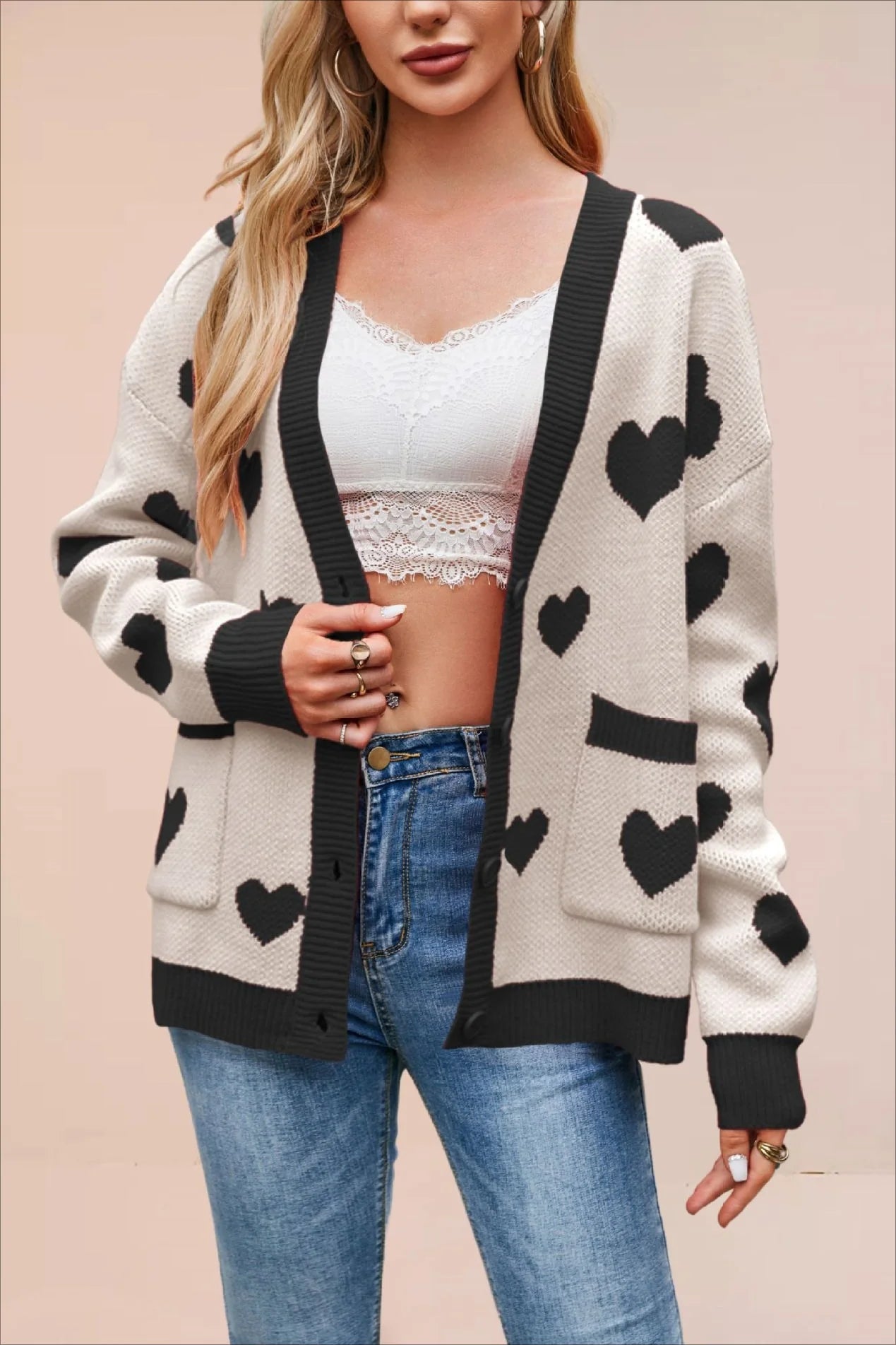 Heart Pocket V Neck Christmas Cardigan