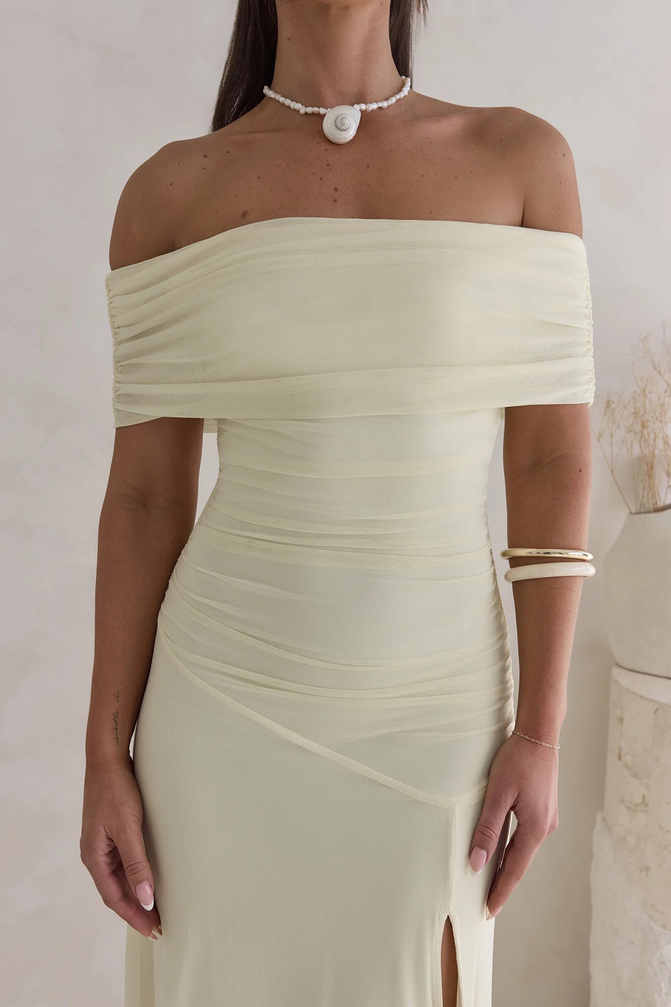 Santorini Strolls Off Shoulder Midi Dress Yellow