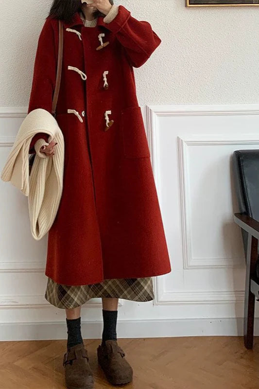 Petite Red Thickened Wool Horn Button Christmas Outerwear
