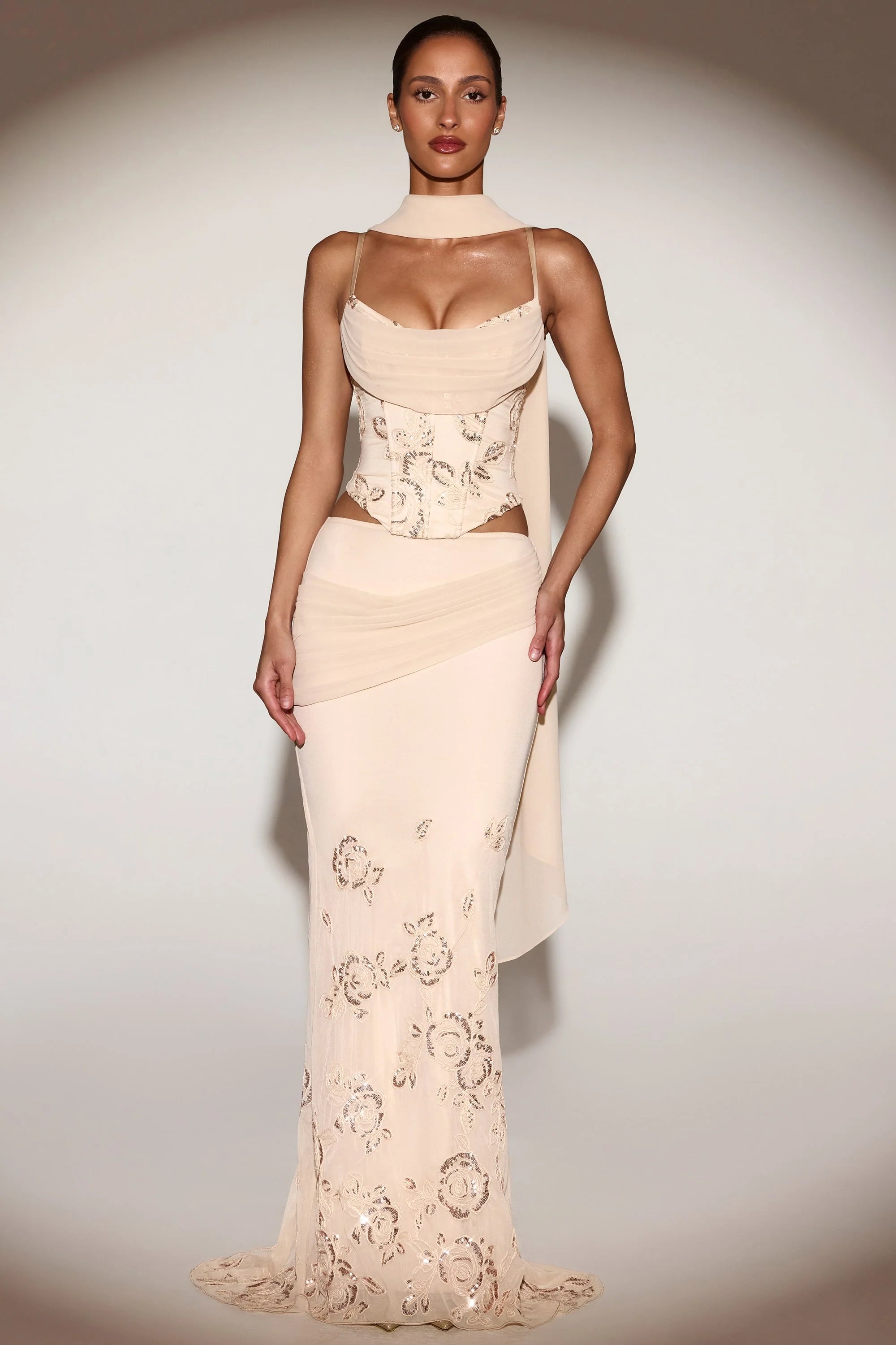 Embellished Lace-Up Corset Top With Scarf in Gold