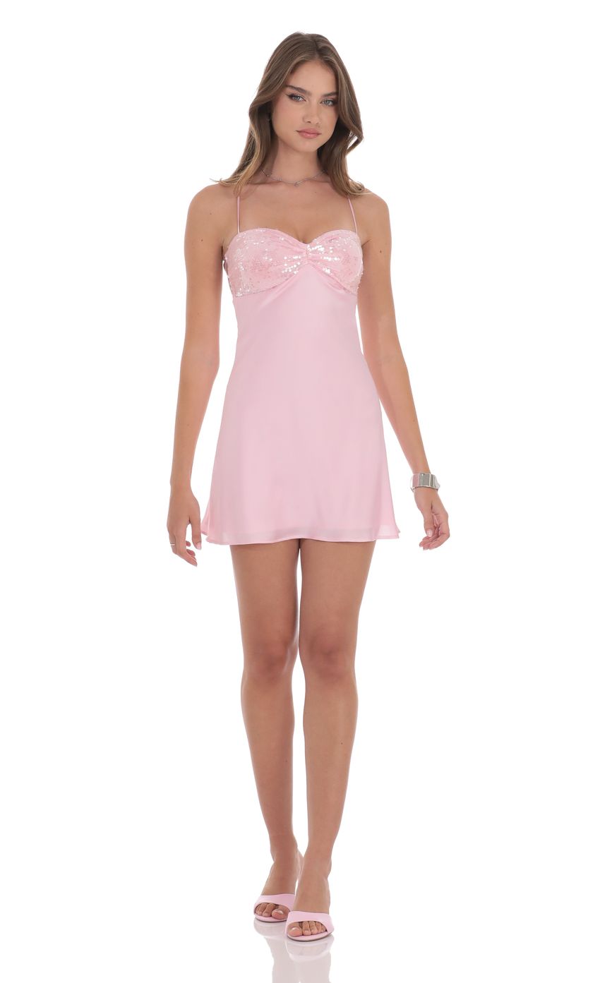 Satin Sequin Bust Dress in Pink