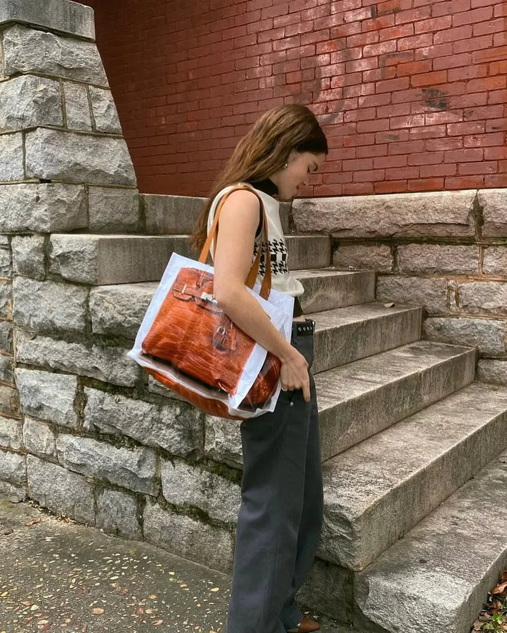 Brown creative spoof Birkin bag printed woven bag Birkin fitness leisure bag